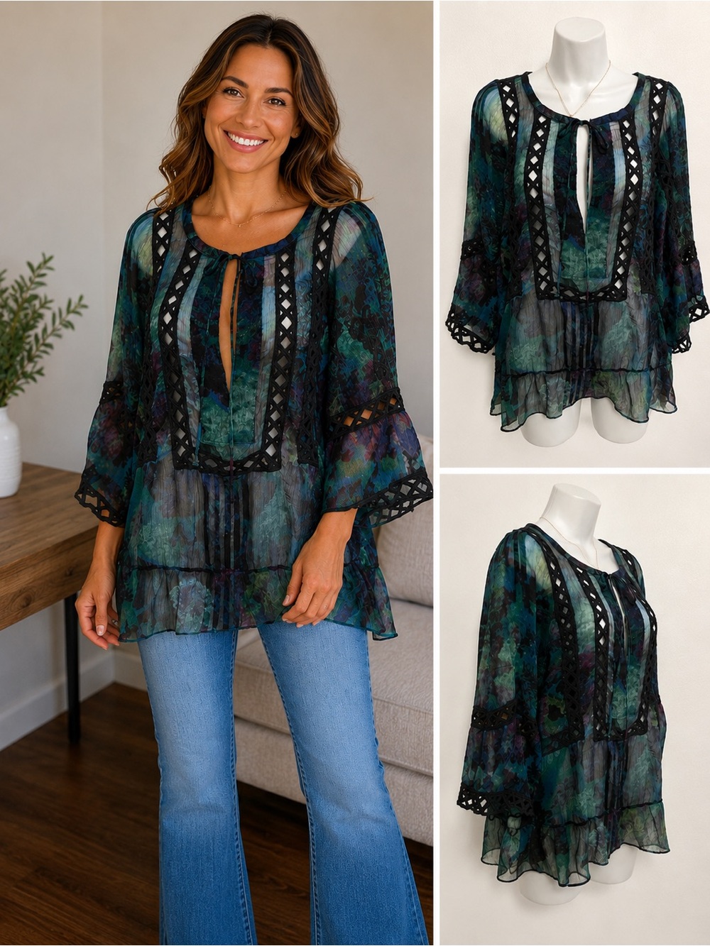 Daniel Rainn Sheer Teal & Black Boho Tie-Front Blouse top women’s  sz M
